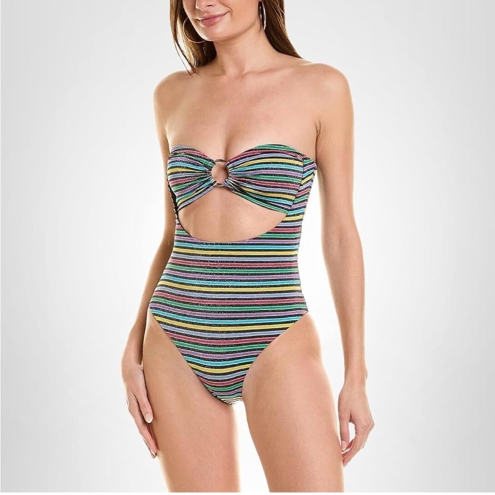 WEWOREWHAT-O-Ring Ruched Bandeau One Piece-Lurex Stripe-Black Multi-S